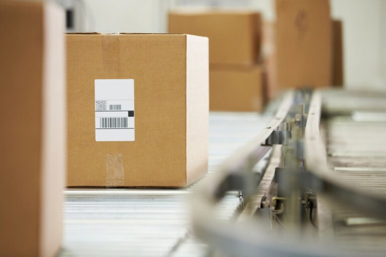 Parcel shipping box on a conveyor line
